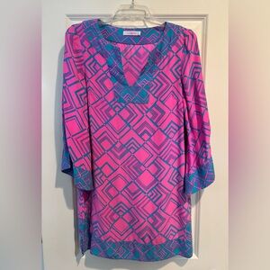 Alice & Trixie 100% Silk Pink Teal Geometric Tunic Shift Dress M
